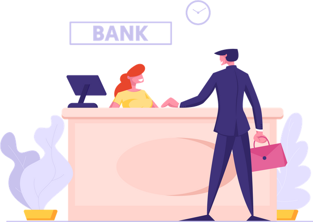 Woman Bank Operator Sitting at Desk and Business Man Client Communication  Illustration