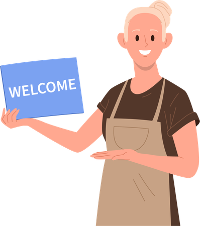 Woman barista holding placard with welcome inscription announcing opening of coffee chop  Illustration