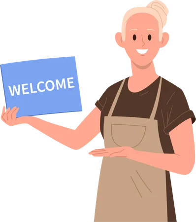 Woman barista holding placard with welcome inscription announcing opening of coffee chop  Illustration