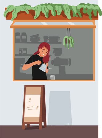 Woman barista making coffee at street cafeteria offering takeaway hot drinks  Illustration