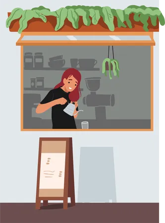 Woman barista making coffee at street cafeteria offering takeaway hot drinks  Illustration