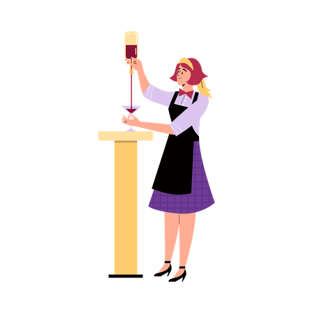 Woman bartender character pouring alcoholic drink into glass  Illustration