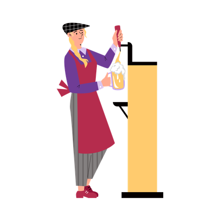 Woman bartender character stands and pours beer into mug  Illustration