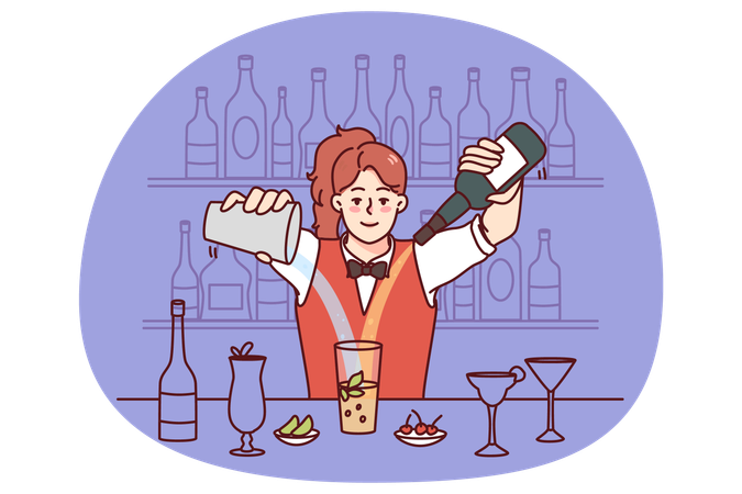 Woman bartender making cocktails at bar  Illustration