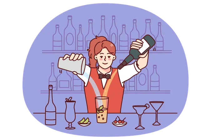 Woman bartender making cocktails at bar  Illustration