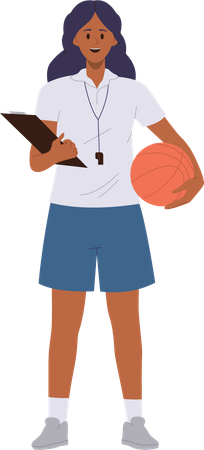 Woman basketball trainer standing with ball and clipboard  イラスト