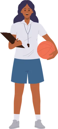 Woman Sport Trainer Basketball School Instructor Cartoon Character Standing With Ball And Clipboard Isolated On White Background Professional Female Physical Teacher In Uniform Vector Illustration 일러스트레이션
