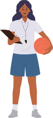 Woman basketball trainer standing with ball and clipboard  Illustration