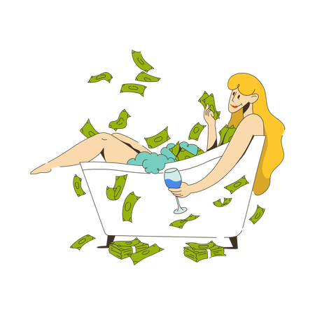 Woman bathes in bathtub and scatters money  Illustration