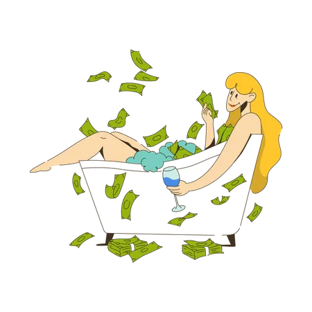 Woman bathes in bathtub and scatters money  Illustration