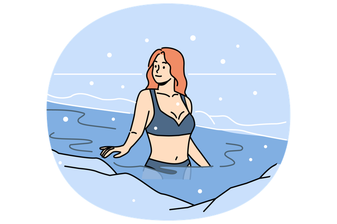 Woman bathes in ice hole  Illustration