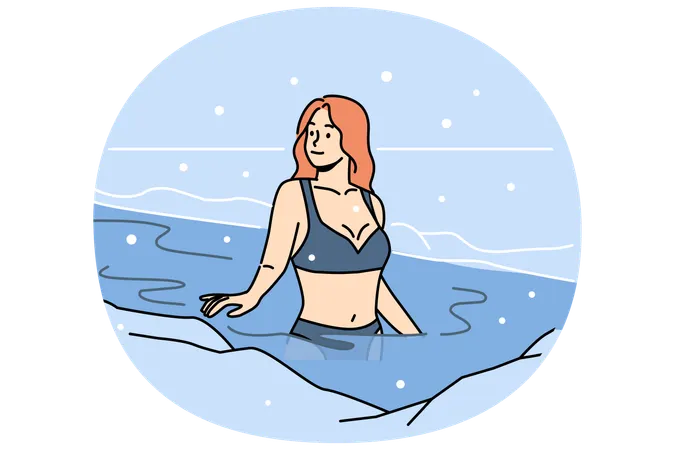 Woman bathes in ice hole  Illustration