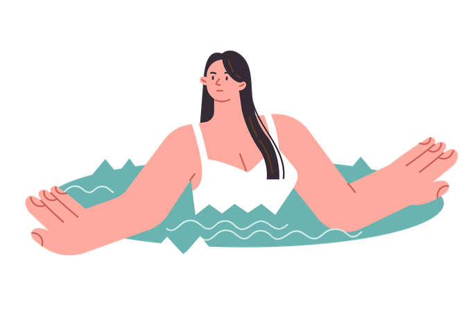 Woman bathes in winter ice hole during snowfall  Illustration