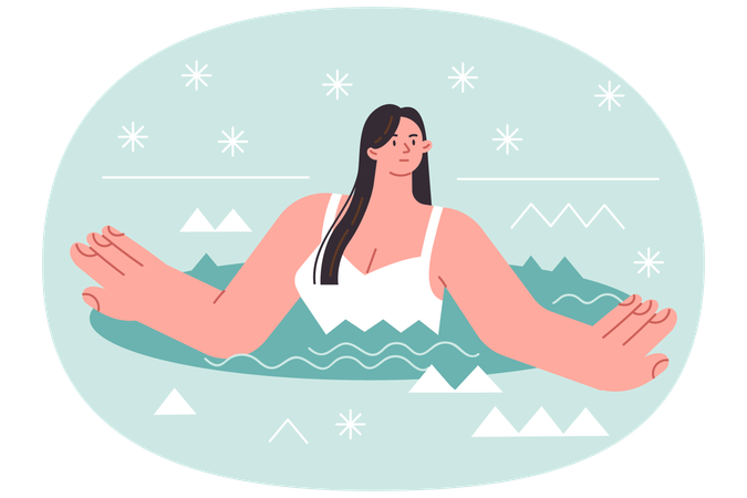 Woman bathes in winter ice hole during snowfall to perform orthodox religious ritual  Illustration