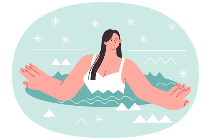 Woman bathes in winter ice hole during snowfall to perform orthodox religious ritual  Illustration