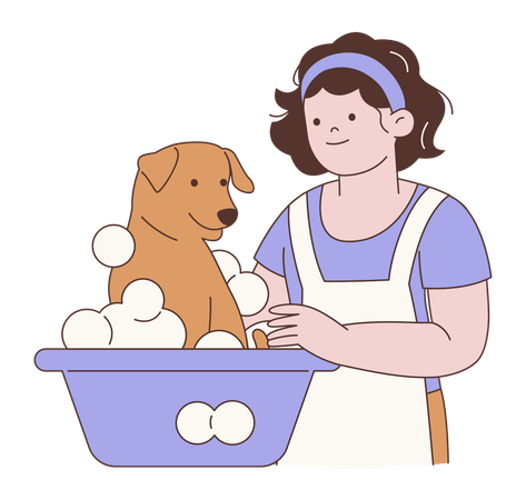 Woman Bathing  Dog  Illustration