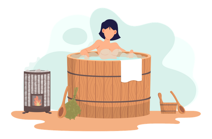 Woman bathing in barrel Illustration
