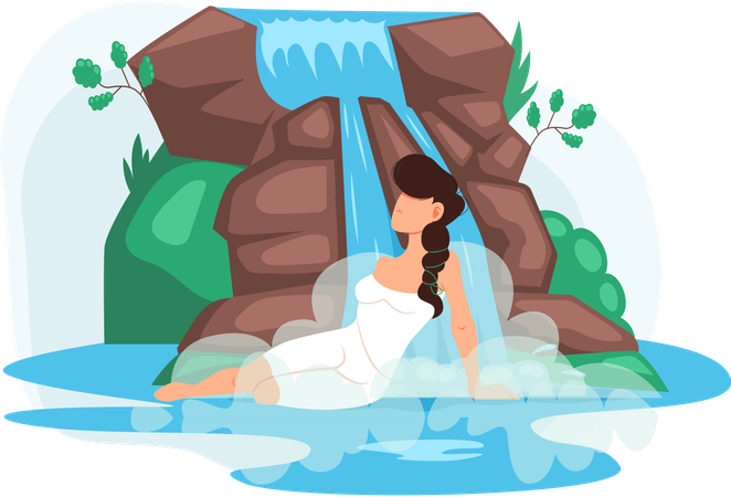 Woman bathing in waterfall  Illustration