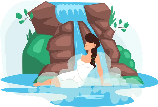 Woman bathing in waterfall  Illustration