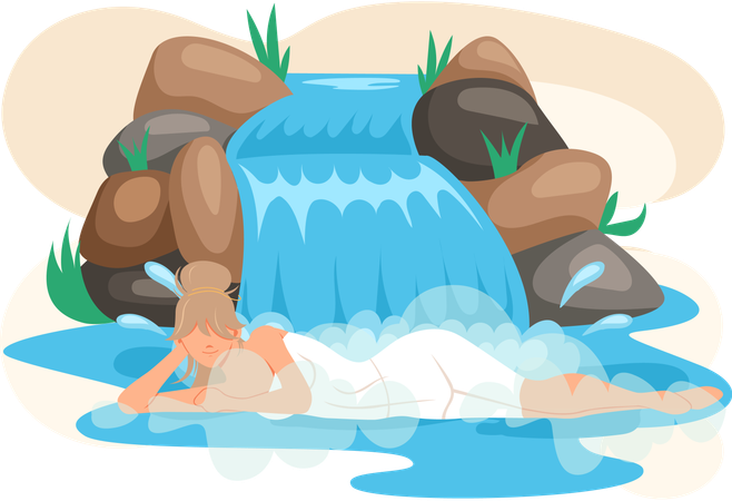 Woman bathing in waterfall  Illustration