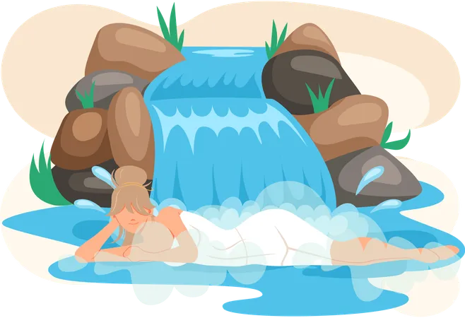 Woman bathing in waterfall  Illustration