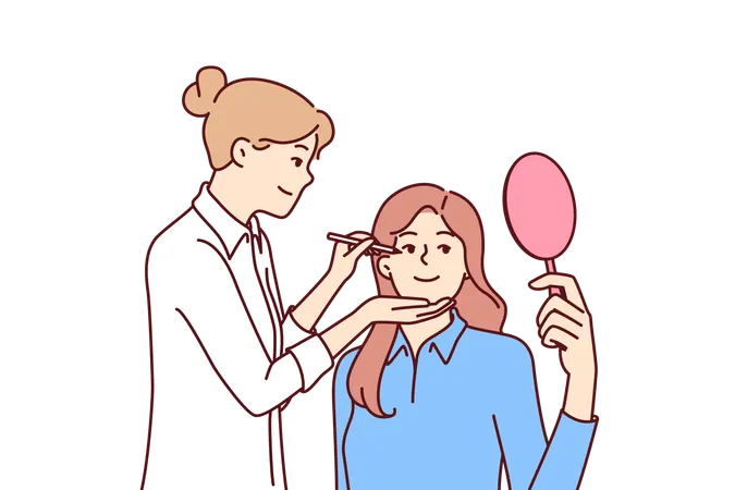 Woman beautician makes make-up of patient with mirror undergoing aesthetic treatment  Illustration