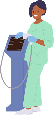 Woman beautician wearing uniform standing with laser apparatus for hair remove  Illustration