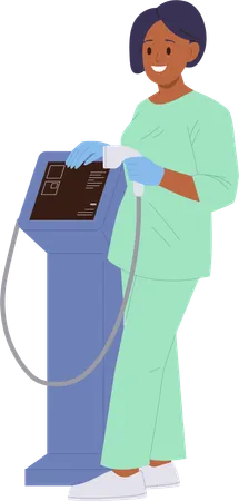 Woman beautician wearing uniform standing with laser apparatus for hair remove  Illustration