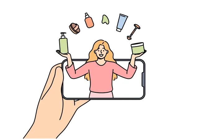 Woman Beauty Blogger Juggles With Cosmetics Looking Out From Mobile Phone Screen Giving Tips On Applying Makeup Girl Beauty Blogger Tells Lifehacks For Facial Skin Care Or Getting Rid Of Wrinkles Illustration