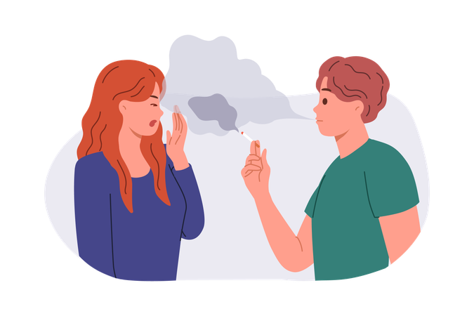 Woman becomes passive smoker by inhaling smoke from cigarette standing next to man  Illustration