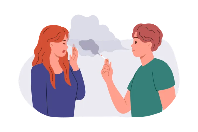 Woman becomes passive smoker by inhaling smoke from cigarette standing next to man  Illustration