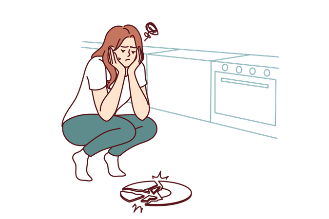 Woman becomes sad as she broke plate in kitchen  Illustration