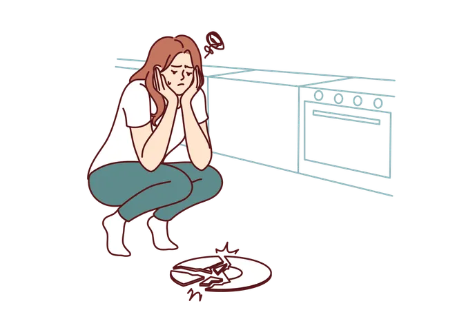 Woman becomes sad as she broke plate in kitchen  Illustration