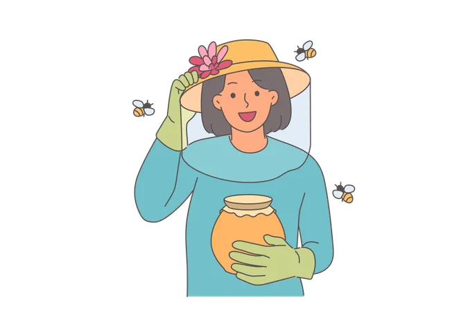 Woman beekeeper holds jar of honey standing among flying bees uses net and gloves to protect skin  Illustration