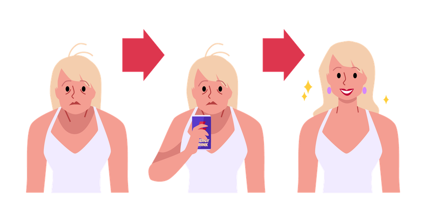 Woman before and after drinking energy drink tired sleepy and happy active girl  vitality recharge beverage  Illustration