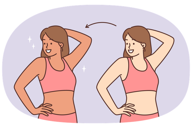 Woman before and after sunbathing or going to spa with visit to solarium to get tanned skin color  Illustration