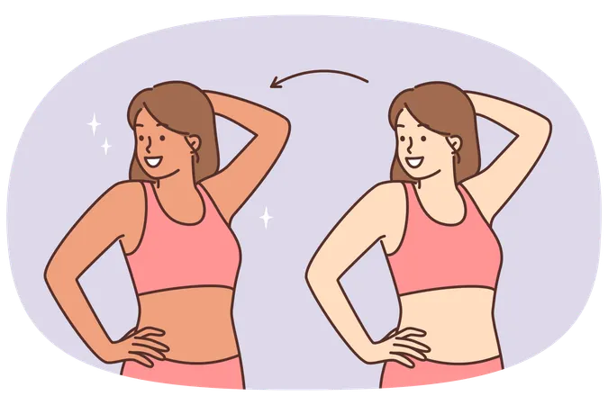 Woman before and after sunbathing or going to spa with visit to solarium to get tanned skin color  Illustration