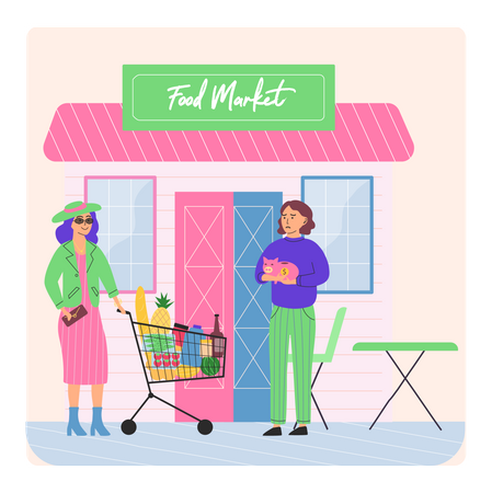 Woman begging for money from people doing shopping  Illustration