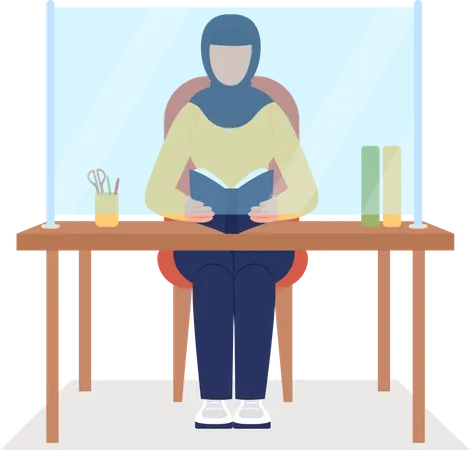 Woman Behind Desk Protector Screen Semi Flat Color Vector Character Sitting Figure Full Body Person On White Safety Isolated Modern Cartoon Style Illustration For Graphic Design And Animation Illustration