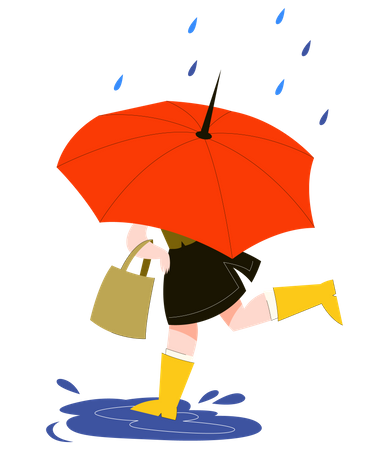 Woman behind the umbrella running under the rain. Autumn  Illustration