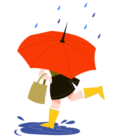 Woman behind the umbrella running under the rain. Autumn Illustration
