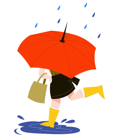 Woman behind the umbrella running under the rain. Autumn Illustration