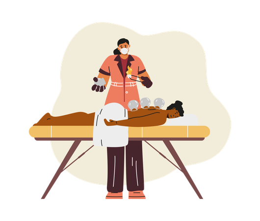 Woman being treated in oriental medicine clinic using vacuum therapy  Illustration