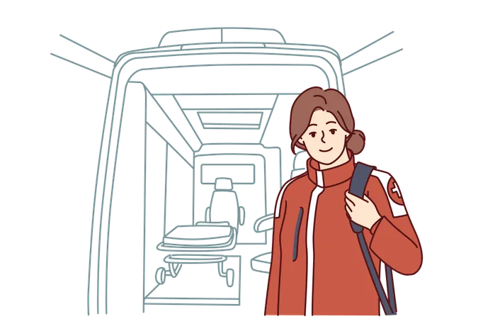 Woman EMS Paramedic Proudly Stands By Ambulance Before Leaving As Patient In Need Of Treatment Girl In Form Of EMS Employee Works As Paramedic And Treats People Injured In Car Accident Illustration