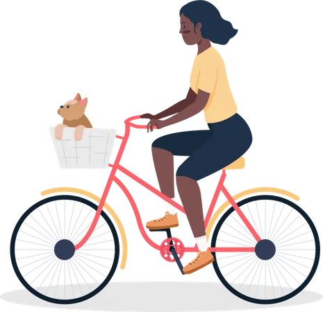 Woman biking with dog in basket  Illustration