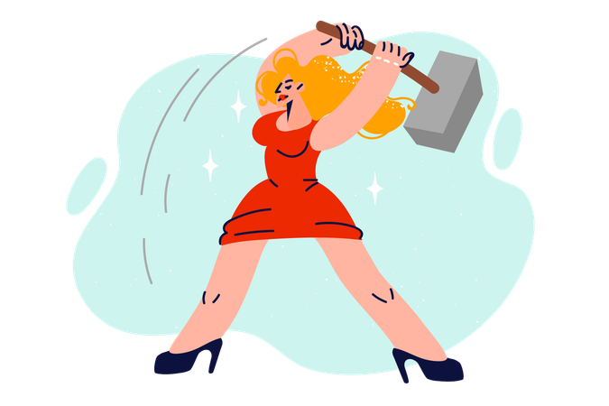 Woman blacksmith in luxurious dress holds giant sledgehammer and swings it to strike  Illustration