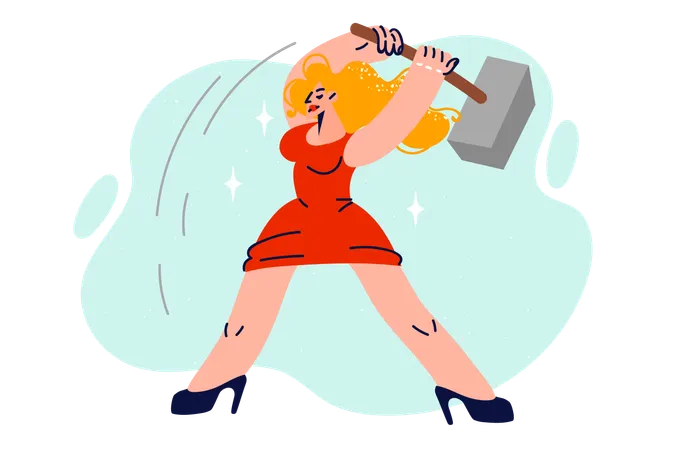 Woman Blacksmith In Luxurious Dress Holds Giant Sledgehammer And Swings It To Strike Blacksmith Girl Stands With Legs Wide Apart With Large Hammer In Hands And Wants To Destroy Something Illustration