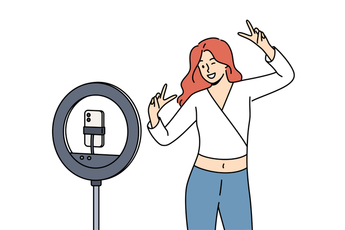 Woman blogger dances in front of phone on tripod with ring lamp while ready-made video for social media  Illustration