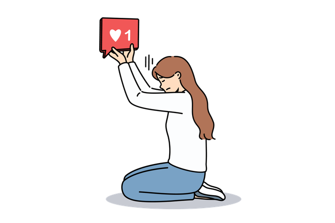 Woman blogger holding like icon while kneeling and dreaming of receiving lot of feedback from subscribers  Illustration