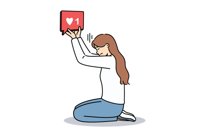 Woman blogger holding like icon while kneeling and dreaming of receiving lot of feedback from subscribers  イラスト